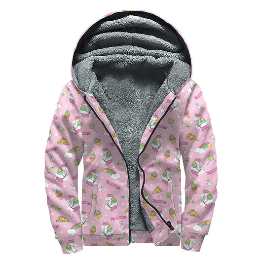 Pink Girly Unicorn Pattern Print Sherpa Lined Zip Up Hoodie