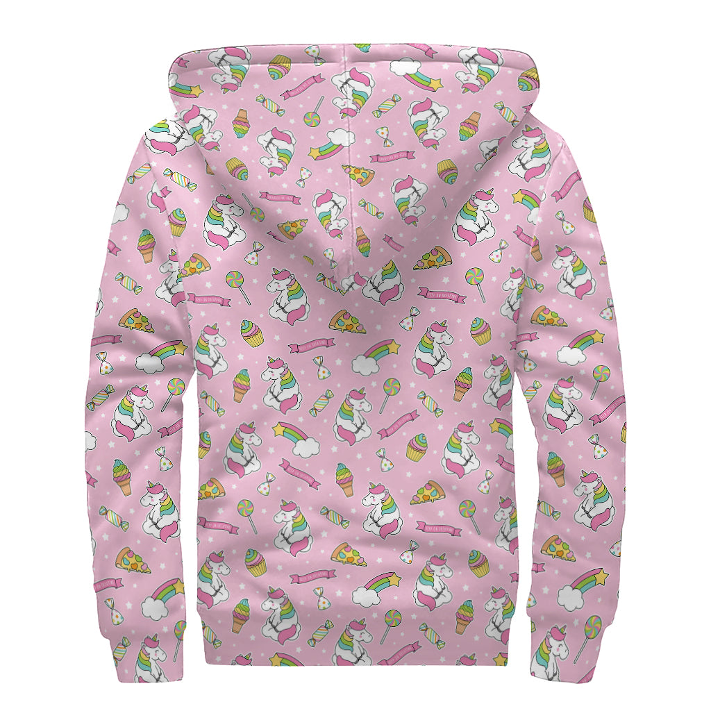 Pink Girly Unicorn Pattern Print Sherpa Lined Zip Up Hoodie