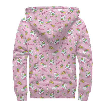 Pink Girly Unicorn Pattern Print Sherpa Lined Zip Up Hoodie