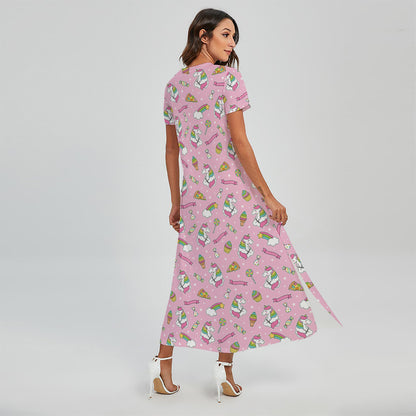 Pink Girly Unicorn Pattern Print Short Sleeve Maxi Dress