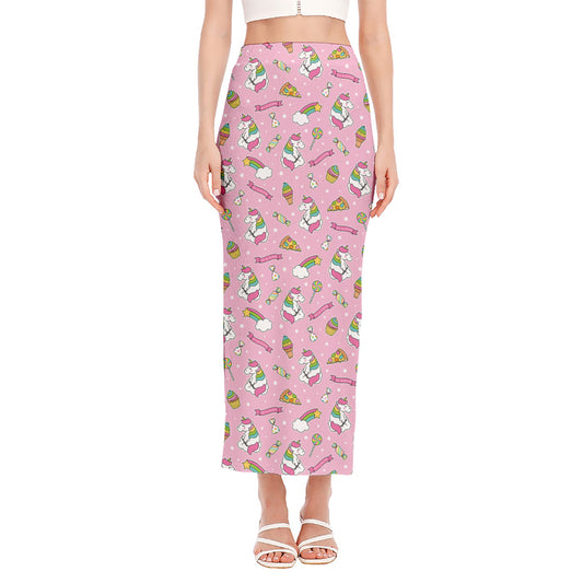 Pink Girly Unicorn Pattern Print Side Slit Maxi Skirt