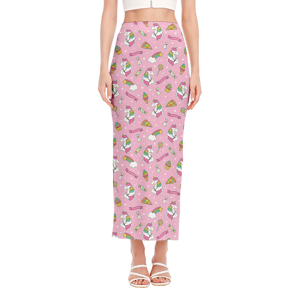 Pink Girly Unicorn Pattern Print Side Slit Maxi Skirt