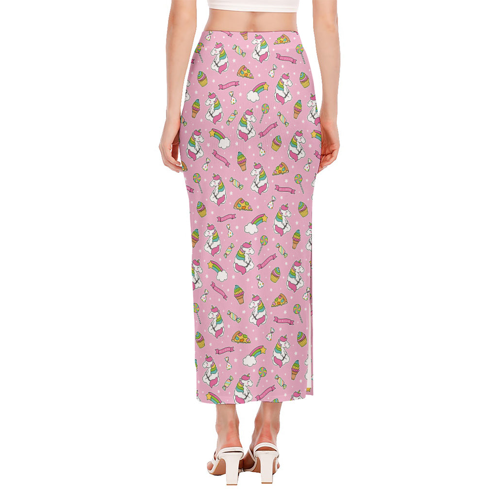 Pink Girly Unicorn Pattern Print Side Slit Maxi Skirt