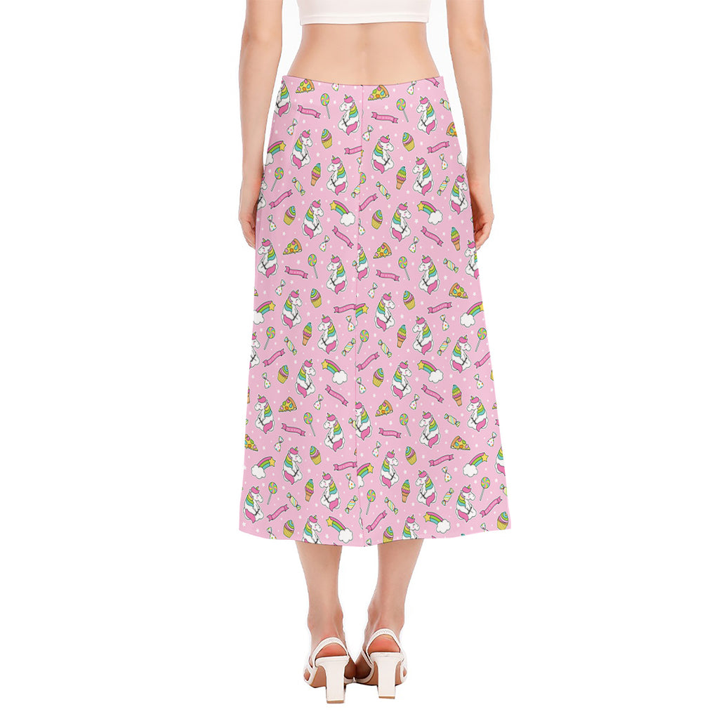 Pink Girly Unicorn Pattern Print Side Slit Midi Skirt