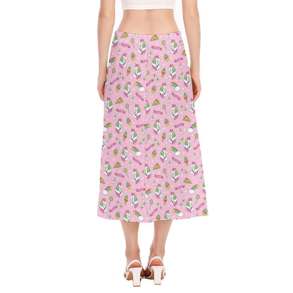 Pink Girly Unicorn Pattern Print Side Slit Midi Skirt