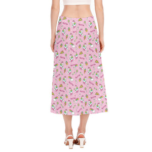 Pink Girly Unicorn Pattern Print Side Slit Midi Skirt