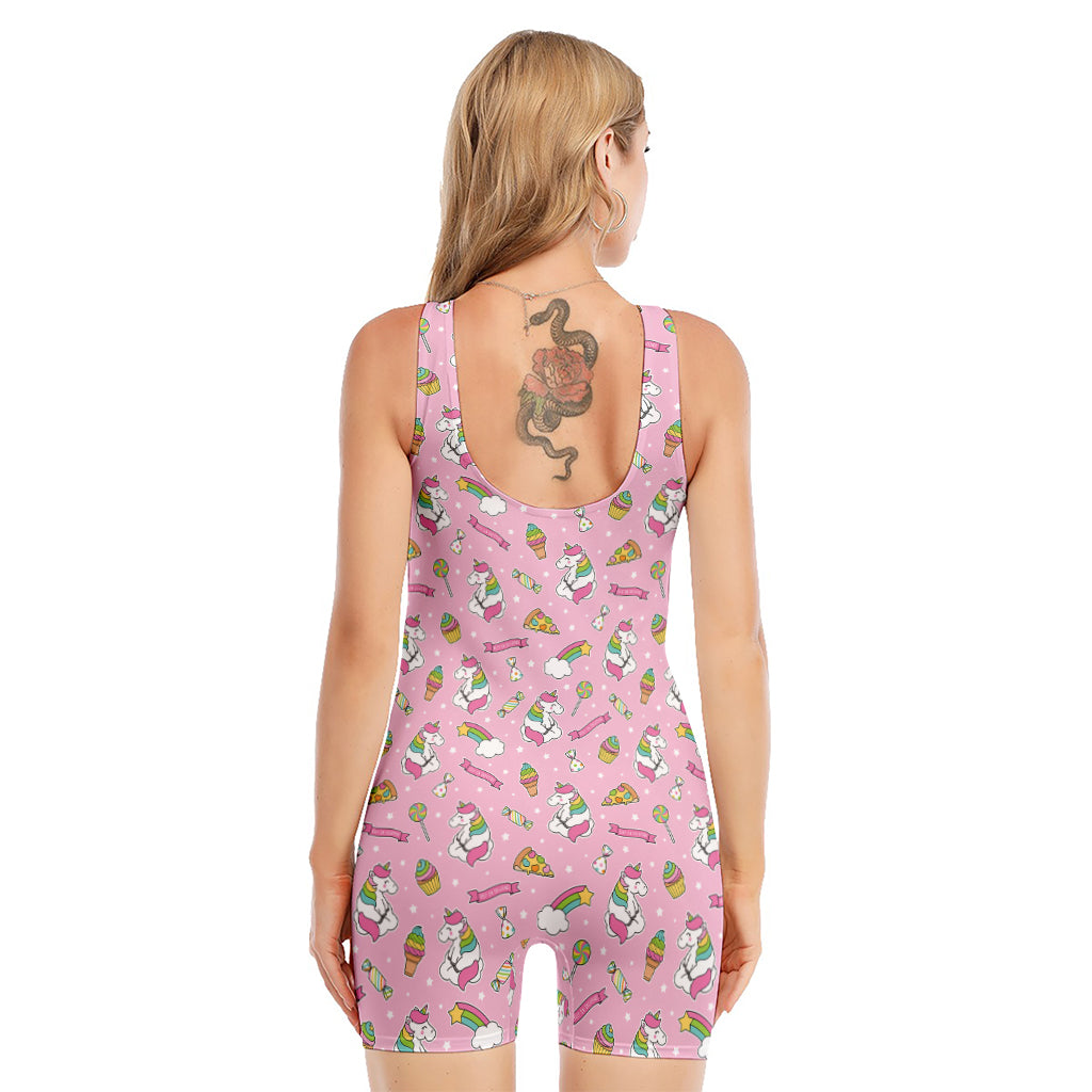 Pink Girly Unicorn Pattern Print Sleeveless One Piece Swimsuit