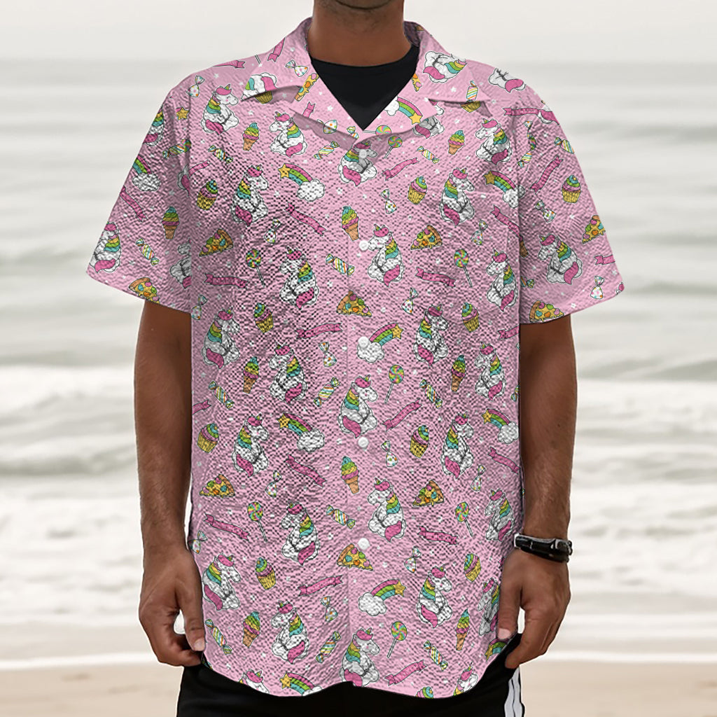 Pink Girly Unicorn Pattern Print Textured Short Sleeve Shirt