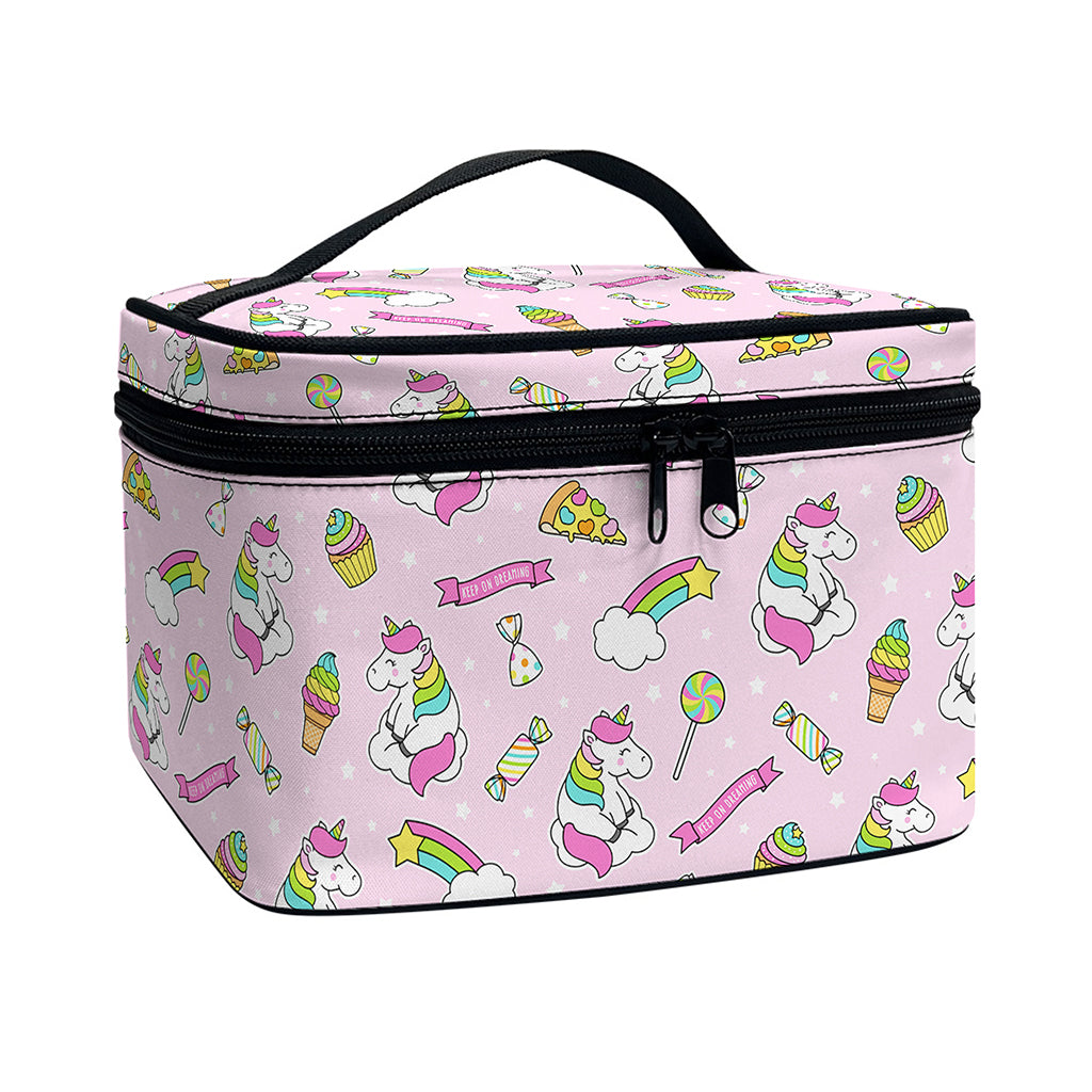 Pink Girly Unicorn Pattern Print Travel Makeup Bag