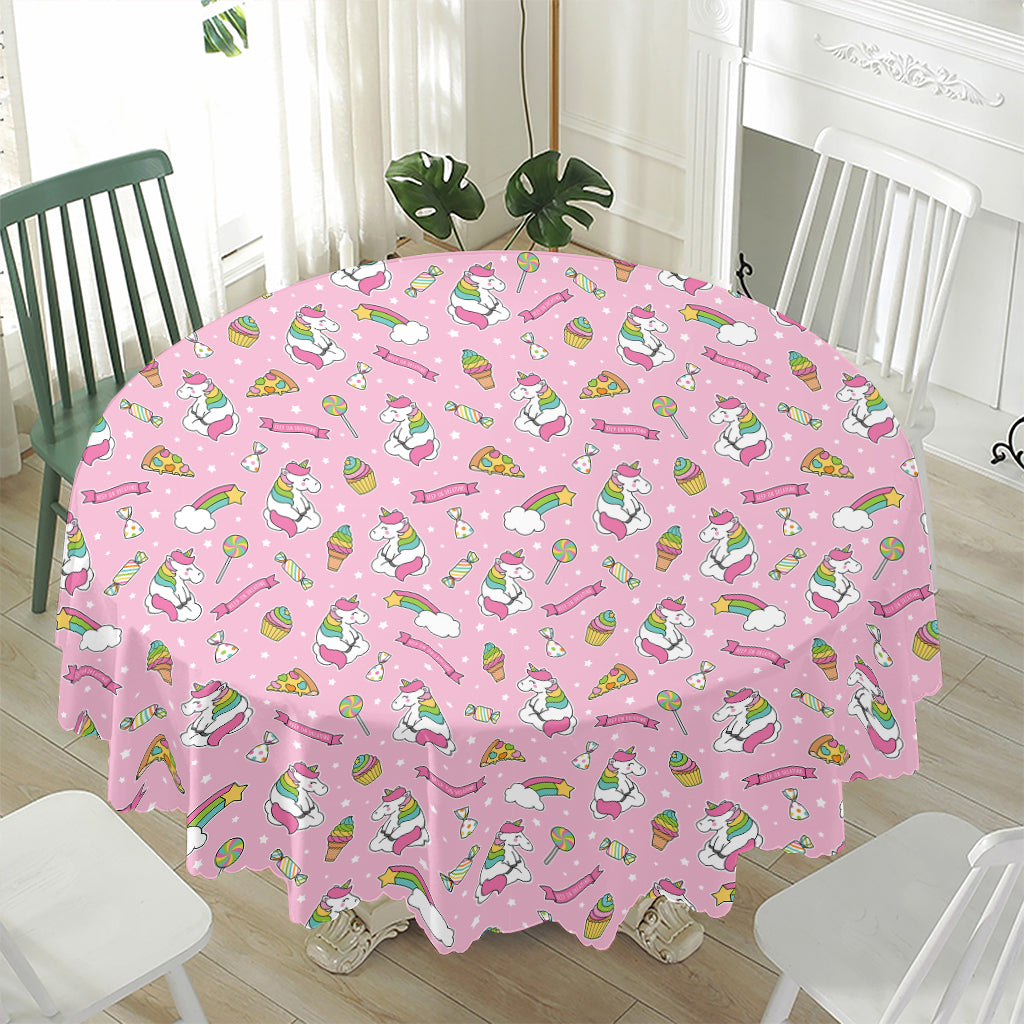Pink Girly Unicorn Pattern Print Waterproof Round Tablecloth