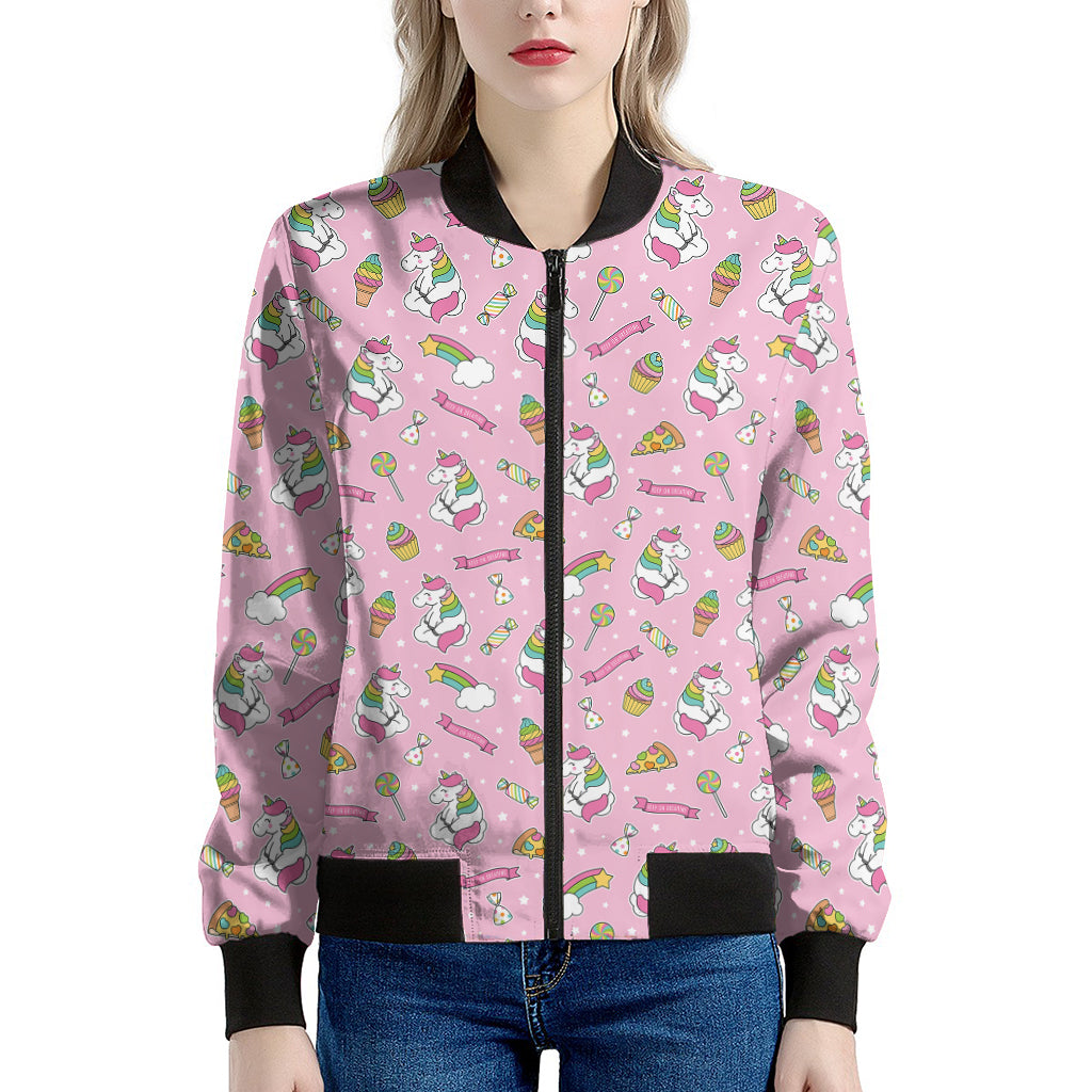 Pink Girly Unicorn Pattern Print Women's Bomber Jacket