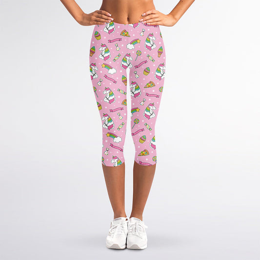 Pink Girly Unicorn Pattern Print Women's Capri Leggings