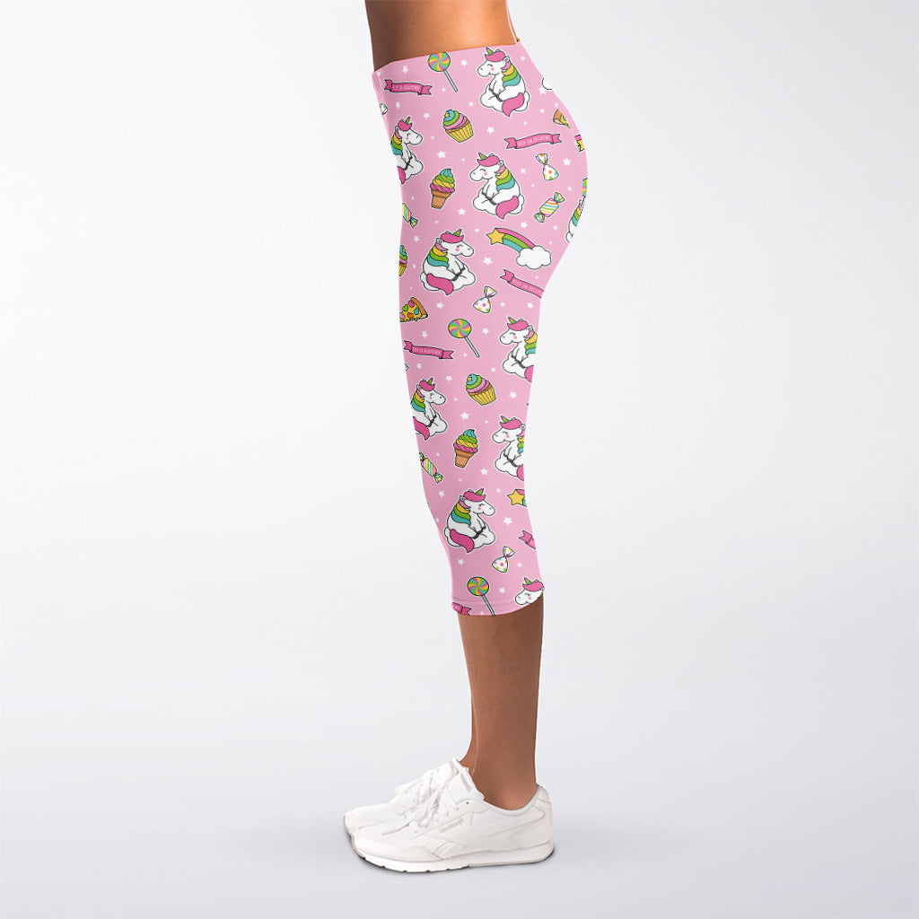 Pink Girly Unicorn Pattern Print Women's Capri Leggings