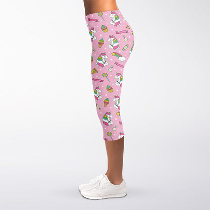 Pink Girly Unicorn Pattern Print Women's Capri Leggings