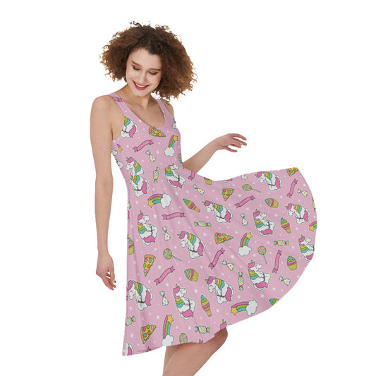 Pink Girly Unicorn Pattern Print Women's Sleeveless Dress