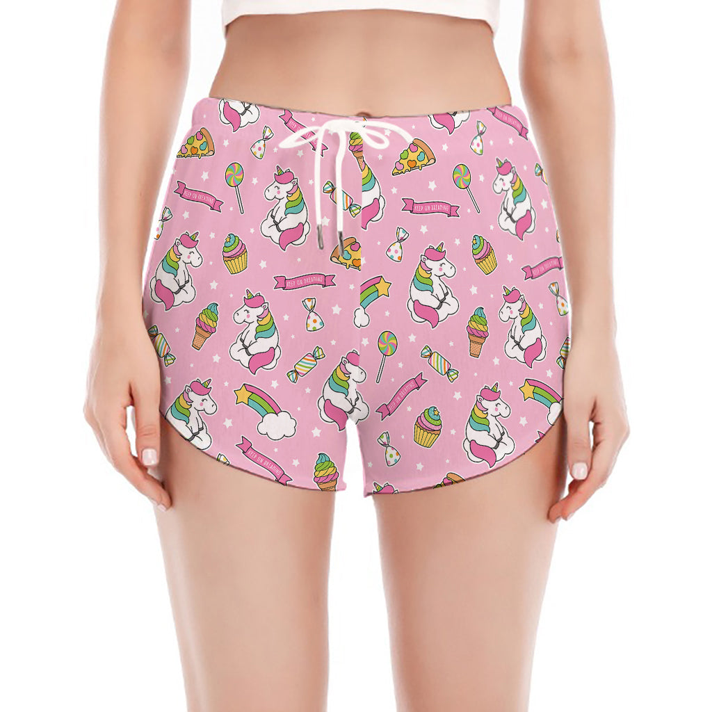 Pink Girly Unicorn Pattern Print Women's Split Running Shorts