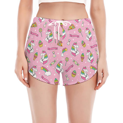 Pink Girly Unicorn Pattern Print Women's Split Running Shorts