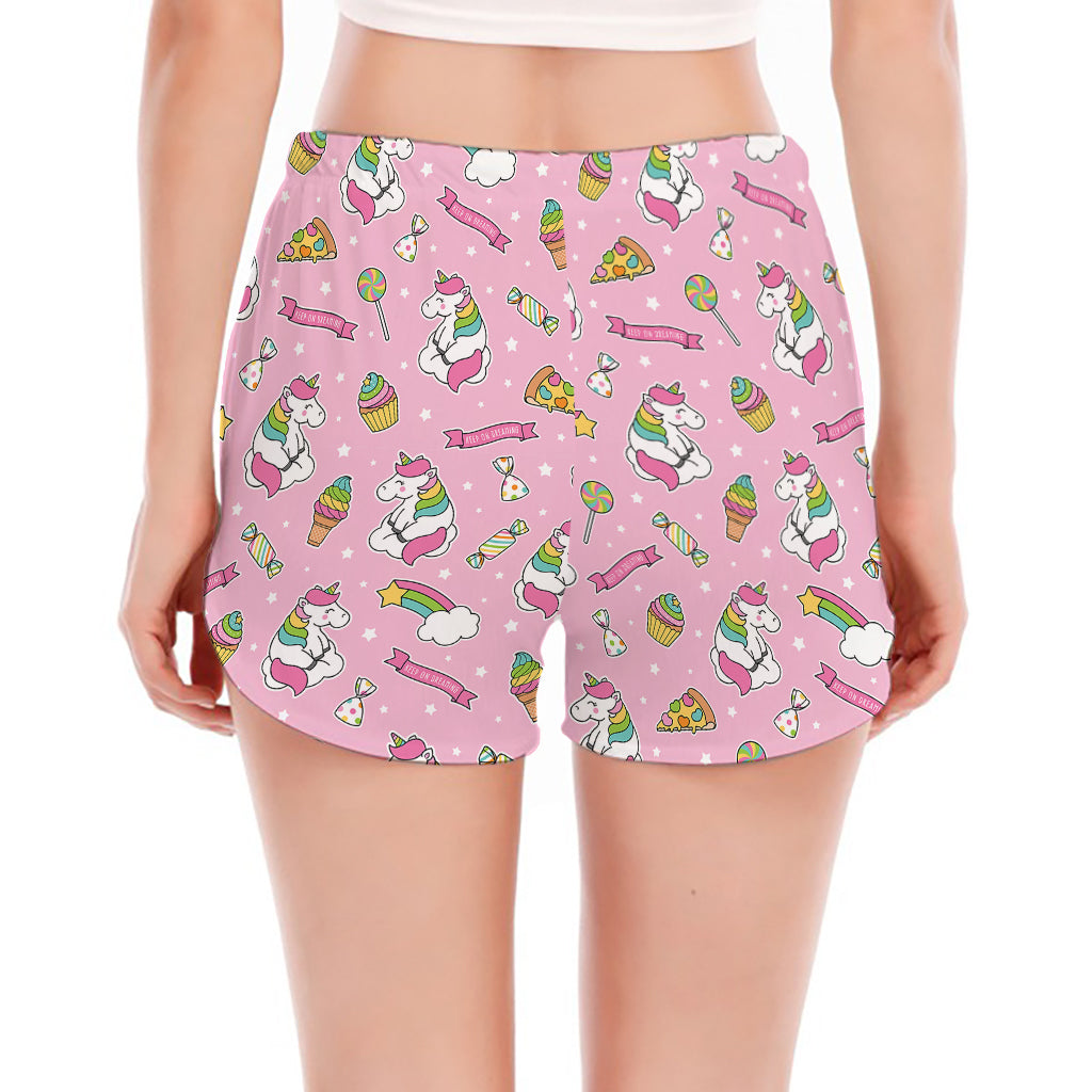 Pink Girly Unicorn Pattern Print Women's Split Running Shorts