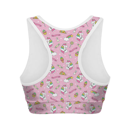 Pink Girly Unicorn Pattern Print Women's Sports Bra