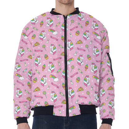 Pink Girly Unicorn Pattern Print Zip Sleeve Bomber Jacket