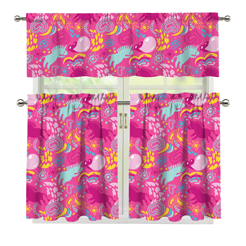 Pink Girly Unicorn Print 3 Piece Kitchen Curtains