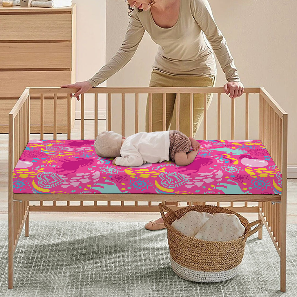 Pink Girly Unicorn Print Baby Crib Sheet