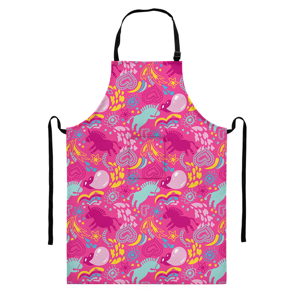 Pink Girly Unicorn Print Bib Apron With Pocket