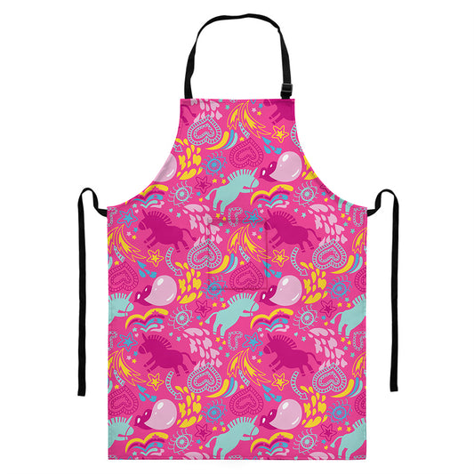 Pink Girly Unicorn Print Bib Apron With Pocket