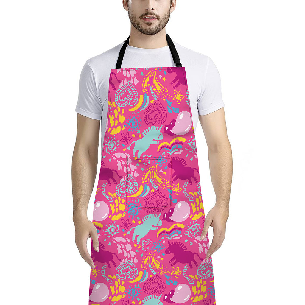 Pink Girly Unicorn Print Bib Apron With Pocket