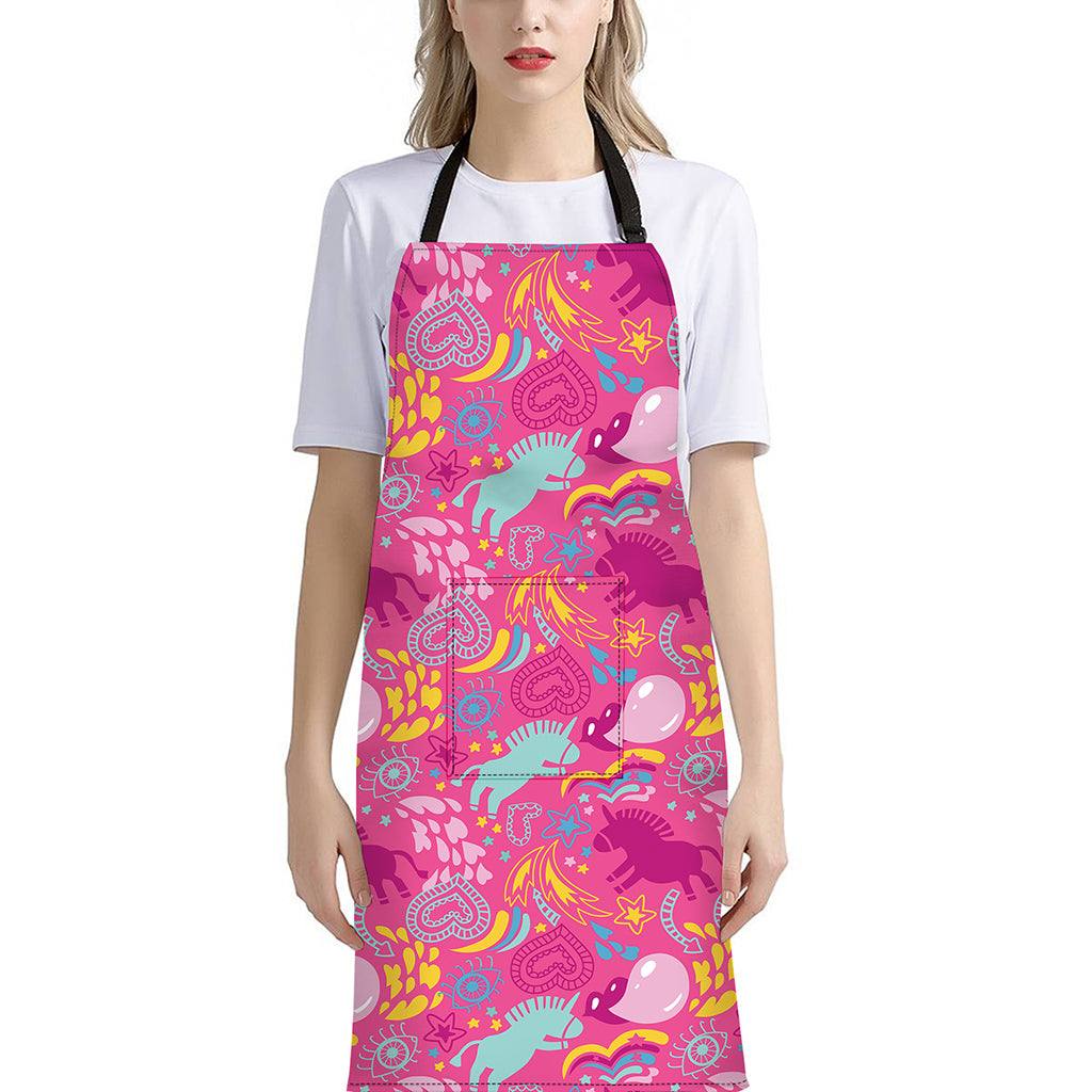 Pink Girly Unicorn Print Bib Apron With Pocket