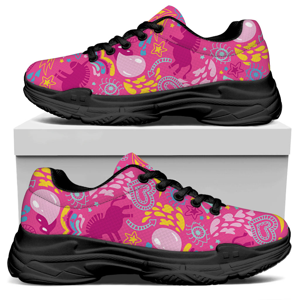 Pink Girly Unicorn Print Black Chunky Shoes