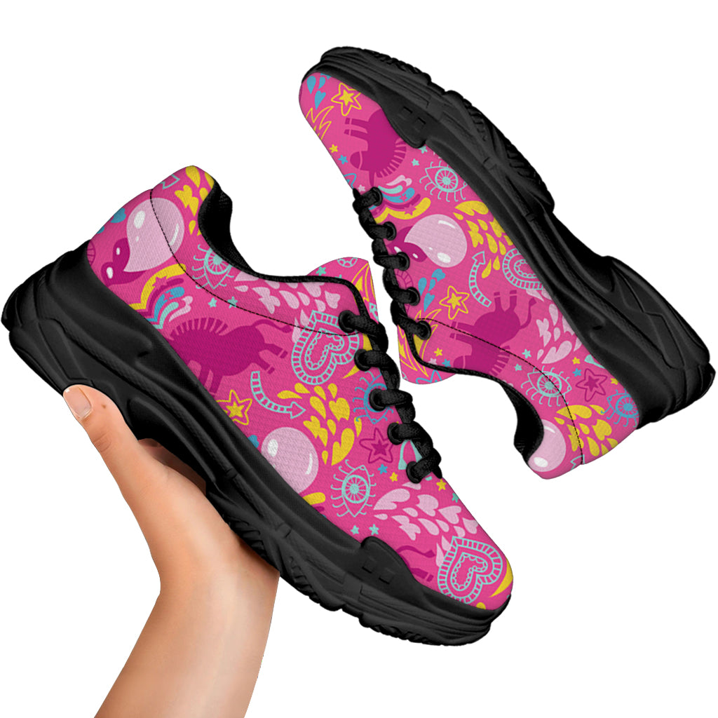 Pink Girly Unicorn Print Black Chunky Shoes