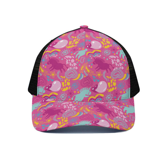 Pink Girly Unicorn Print Black Mesh Trucker Cap