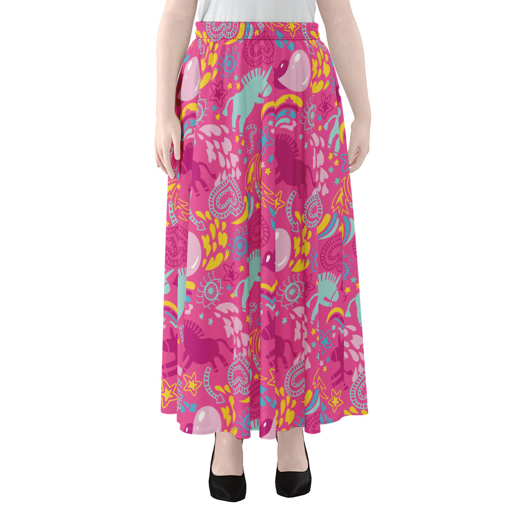 Pink Girly Unicorn Print Chiffon Maxi Skirt