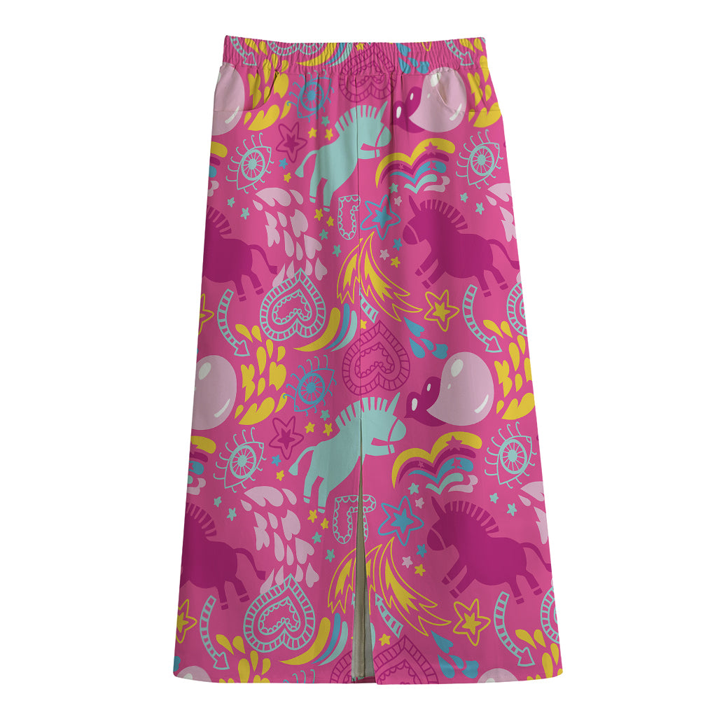 Pink Girly Unicorn Print Cotton Front Slit Maxi Skirt