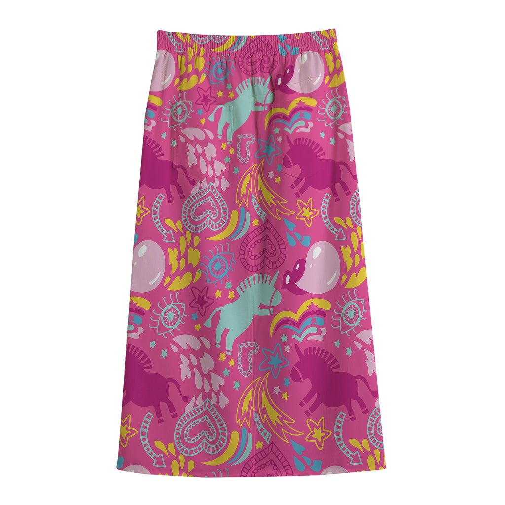 Pink Girly Unicorn Print Cotton Front Slit Maxi Skirt