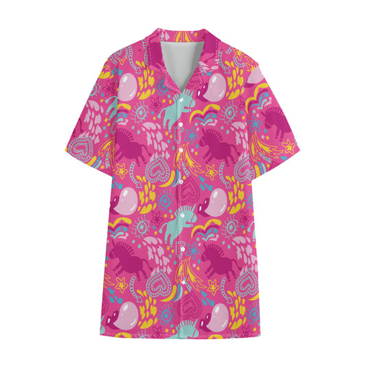 Pink Girly Unicorn Print Cotton Hawaiian Shirt