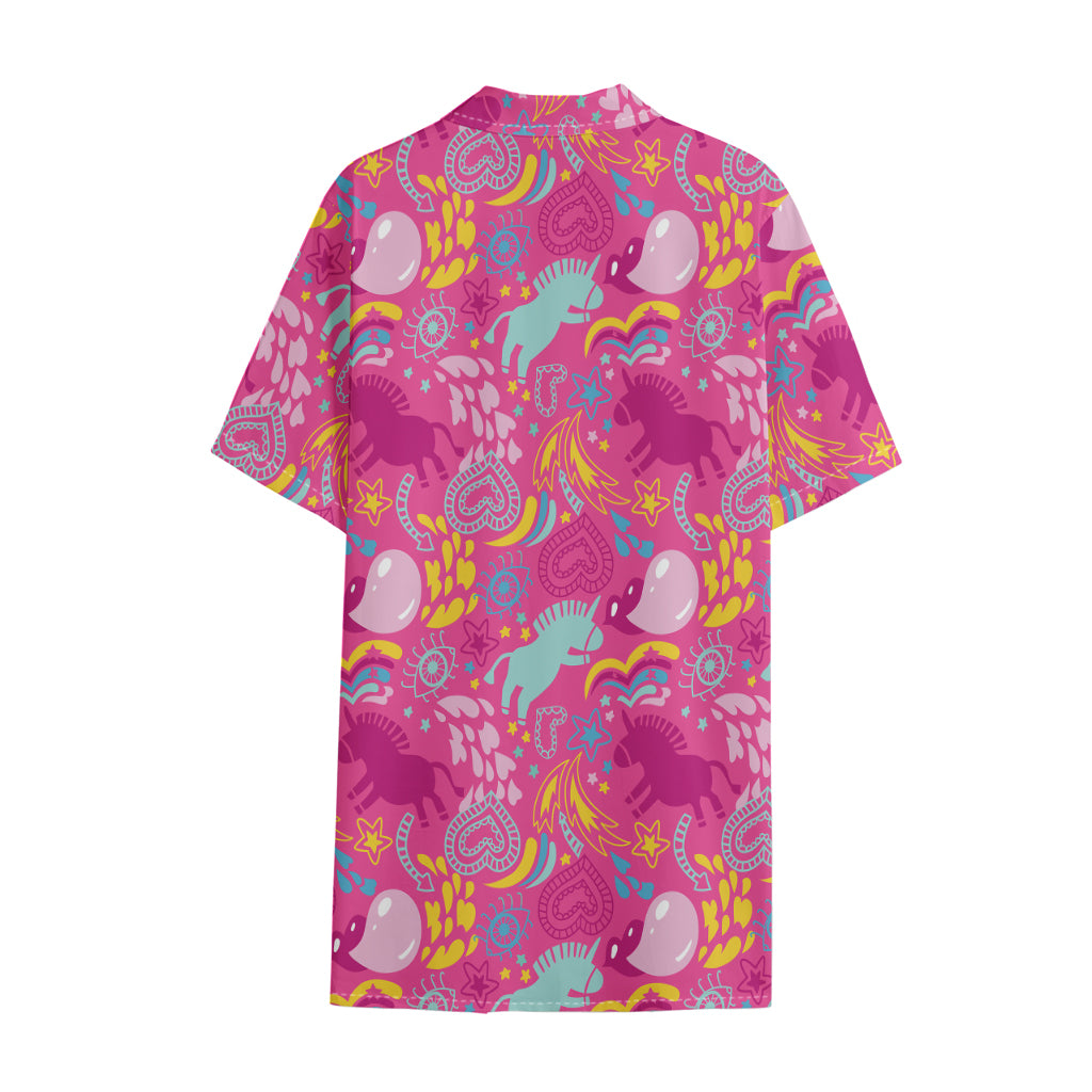Pink Girly Unicorn Print Cotton Hawaiian Shirt