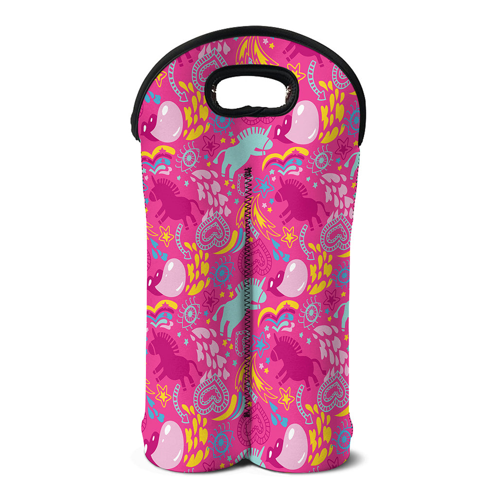 Pink Girly Unicorn Print Double Neoprene Wine Tote
