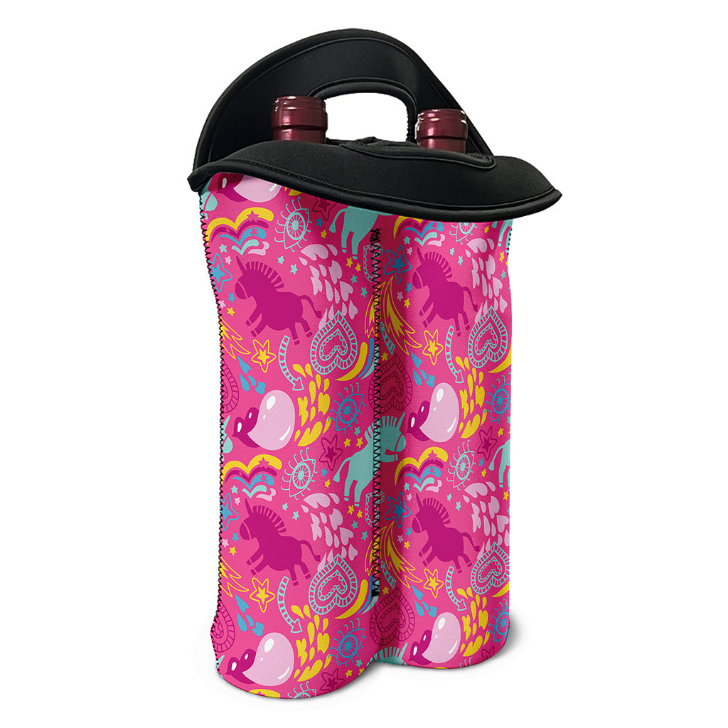 Pink Girly Unicorn Print Double Neoprene Wine Tote