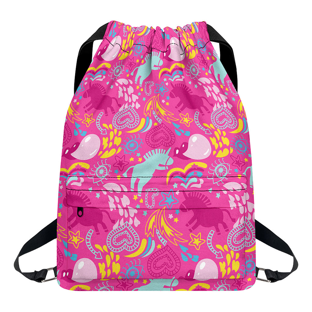 Pink Girly Unicorn Print Drawstring Backpack