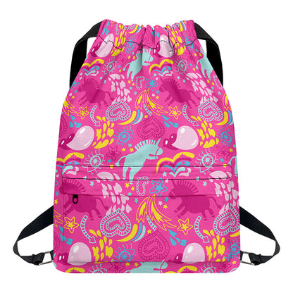 Pink Girly Unicorn Print Drawstring Backpack