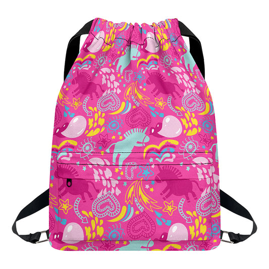 Pink Girly Unicorn Print Drawstring Backpack