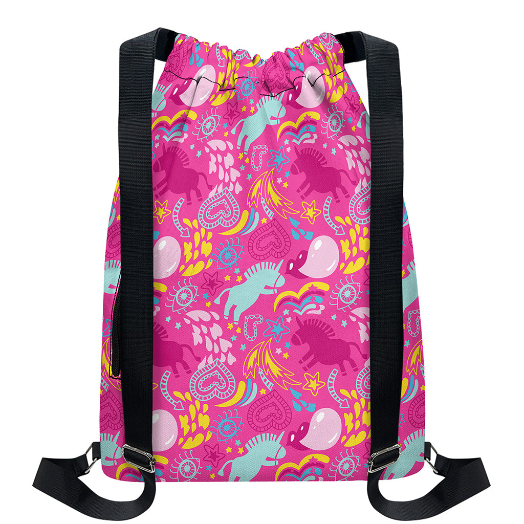 Pink Girly Unicorn Print Drawstring Backpack