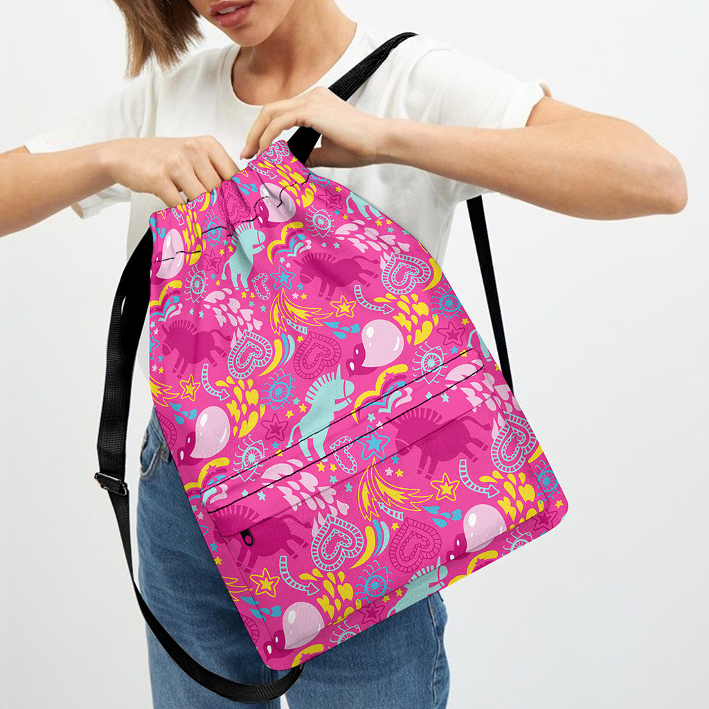 Pink Girly Unicorn Print Drawstring Backpack