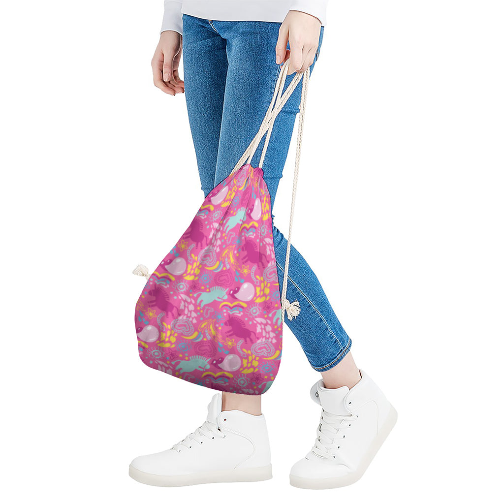 Pink Girly Unicorn Print Drawstring Bag