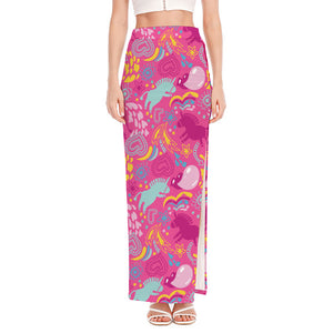 Pink Girly Unicorn Print High Slit Maxi Skirt