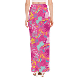 Pink Girly Unicorn Print High Slit Maxi Skirt