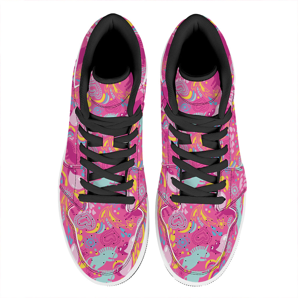 Pink Girly Unicorn Print High Top Leather Sneakers
