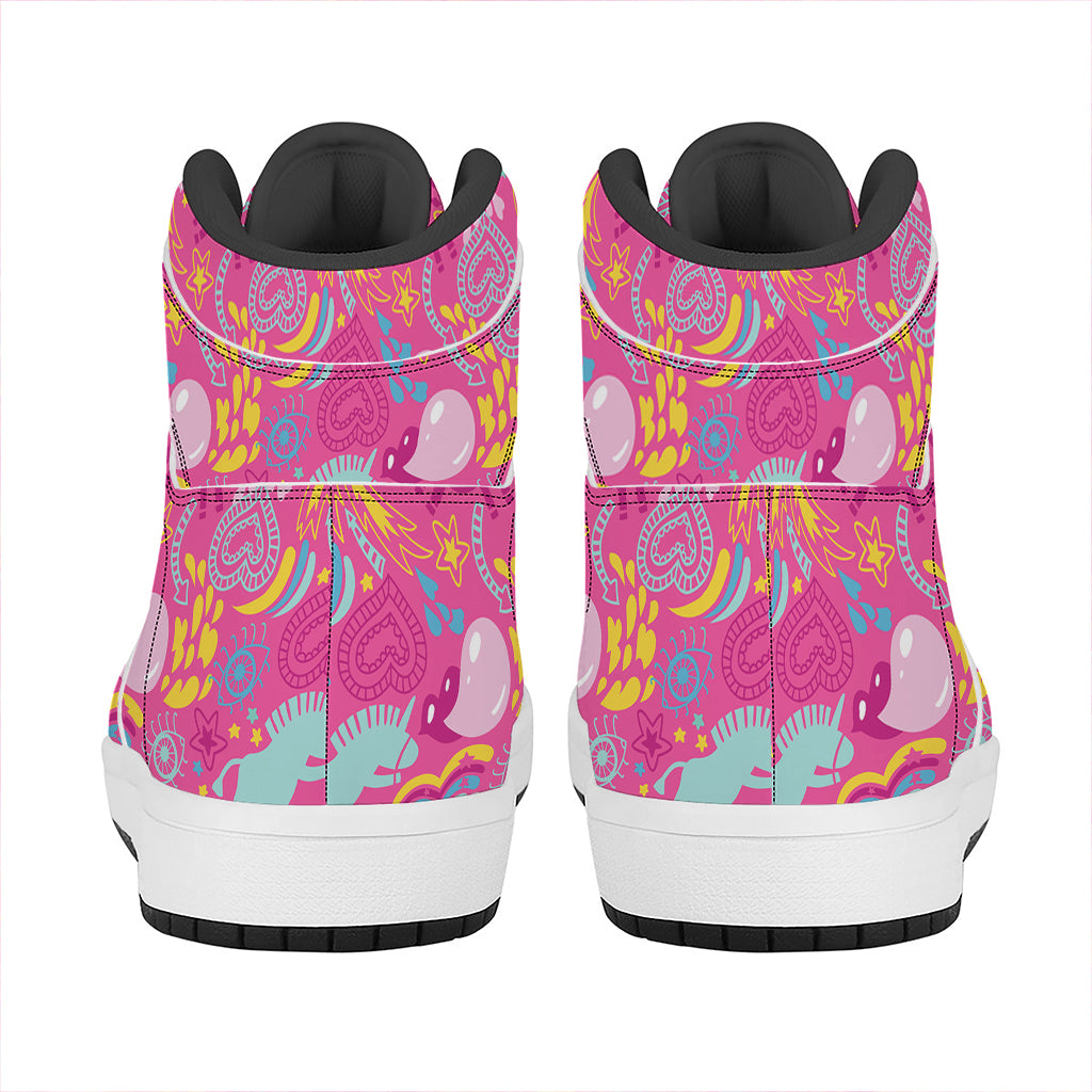 Pink Girly Unicorn Print High Top Leather Sneakers